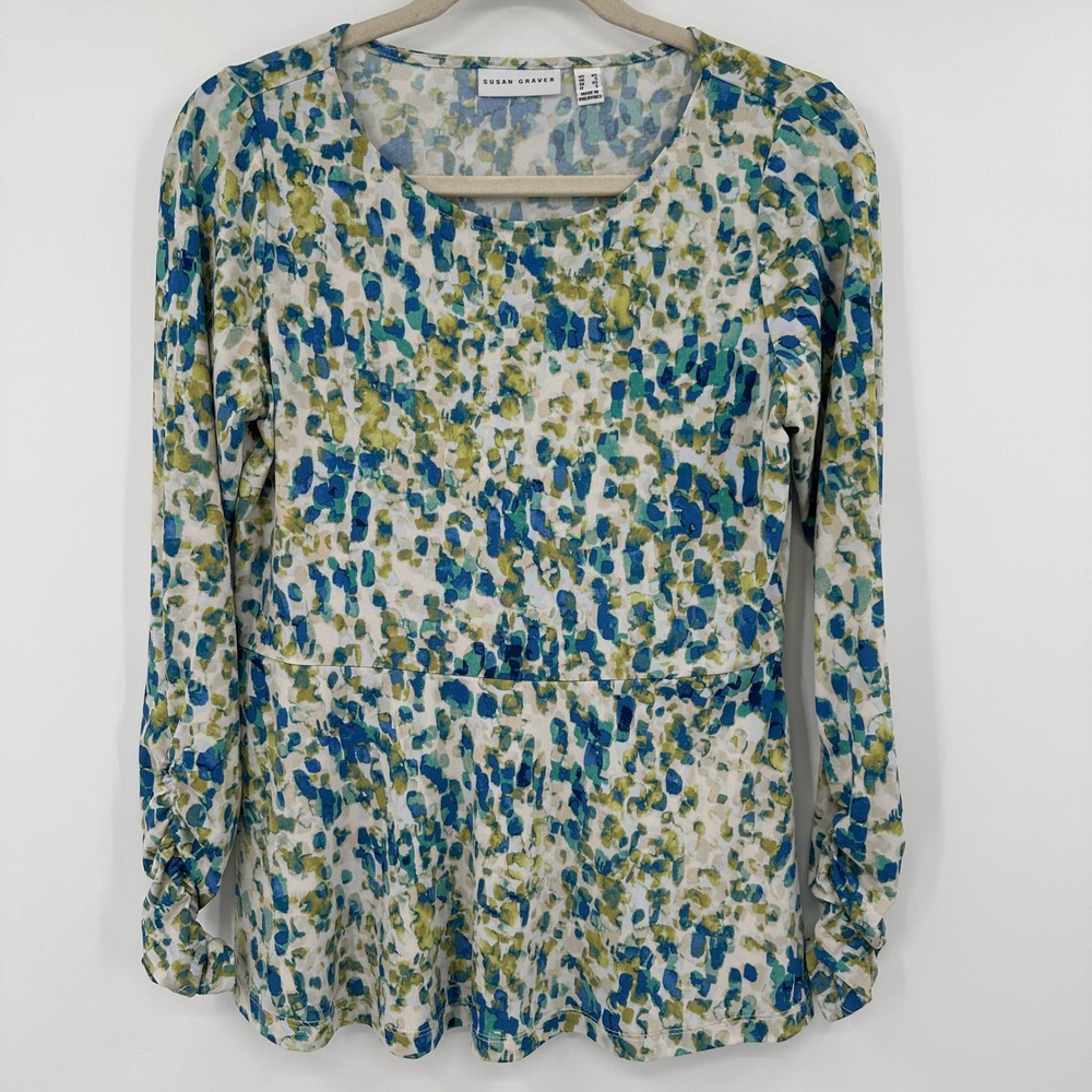 Susan‎ Graver Women's Abstract Print Long Sleeve Peplum Top XS Blue Green Beige